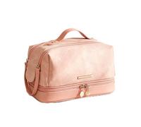 Large Capacity Double-Layer PU Leather Travel Cosmetic Bag Organizer | waterproof leather,wide flat open layout,built-in clear divider,hand carry handle,holds skincare makeup brushes