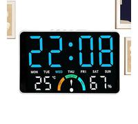Large Digital Clock, Calendar Time Display Monitor, Bedside Unit with Comfort Indicator, LED Screen Temperature Humidity Reader, Modern Face with High Contrast, Alarm Device for Home or Office