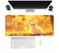 Large Gaming Mouse Mat Maple Leaf Cat, mouse Pad 900x400mm, Computer Keyboard Mousepad Extended Desk Mat, Soft Smooth Surface and Anti-Slip Rubber Base for Office/gaming