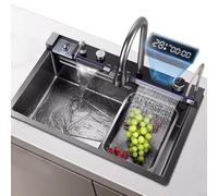 Large Stainless Steel Sink with Waterfall Faucet - Black Single Bowl with Temperature Display & Complete Accessories (85x46x22cm) for Kitchen Bar or Laundry Use