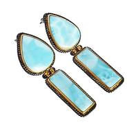 Larimar - Orecchini pendenti rettangolari da 28 x 10 mm e cabochon a pera da 22 x 18 mm, in argento Sterling 925, con pietra naturale blu caraibica, fatti a mano, gioielli da donna
