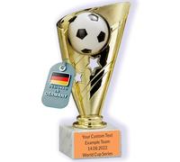 Larius Coppa di calcio in oro (16 cm, 320 g) | Trofeo di calcio con incisione personalizzabile - incluso piedistallo in marmo - Bambini e adulti - S1 (con testo personalizzato, M)