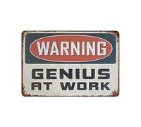Larkverk Warning Genius at Work Divertente Scuola Ufficio Bar Man Cave Retro Targa in Metallo Vintage per Home Bar Ufficio Decorazione Parete Negozio Murale Bagno Sign 30,5 x 20,3 cm