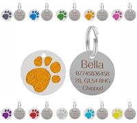 LARRYROO Targhette identificative per animali domestici personalizzate con incisione - Targhetta rotonda in acciaio inossidabile con stampa glitterata di zampa - Personalizzabile con la tua scelta di