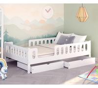 LARS Letto per bambini Letto per ragazzi 200x120 cm - Bianco, 2 cassetti, Protezione antiribaltamento rimovibile, Convertibile in Letto Junior, Design Montessori, Legno massello, Include doghe