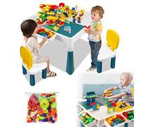 LARS360 6 in 1 mattoncini da gioco per bambini con sedia, tavolo da attività con scatola di immagazzinaggio, tavolo da costruzione multifunzionale, piano doppio lato (con 162 blocchi)
