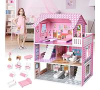 LARS360 Casa delle Bambole in Legno, Grande Villa delle Bambole per Ragazze, Set da Gioco con Mobili e Accessori, a 3 Piani, Facile da Montare, Sicuro ed Ecologico (60 x 24 x 70 cm)