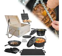 LARS360 Dutch Oven - Set di 11 pezzi, in legno, per barbecue, per waffle, in ghisa, con pentola, piastra per barbecue, coperchio