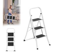 LARS360 Scala pieghevole a 3 livelli, in acciaio con gradini antiscivolo, portata 150 kg, pieghevole, per casa, cucina, ufficio, salvaspazio, solo 5 cm (nero + bianco)