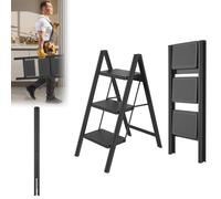 Lars360 Scaletta pieghevole a 3 gradini in acciaio, superficie in gomma antiscivolo, gradini più larghi, portata fino a 250 kg, per casa, ufficio, garage, nero