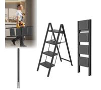 Lars360 Scaletta pieghevole a 4 gradini in acciaio, superficie in gomma antiscivolo, gradini più larghi, portata fino a 250 kg, per casa, ufficio, garage, nero