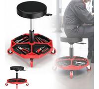 LARS360 Sgabello da officina, con ripiano per attrezzi, nero e rosso | Girevole a 360°, regolabile in altezza, con vano portaoggetti diviso e ruote, per garage, officina e fai da te