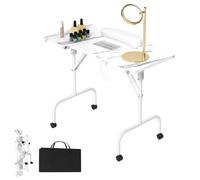 LARS360 Tavolo per manicure con aspirazione, pieghevole, per manicure e manicure, portatile, con ruote, sacchetto per la polvere, borsa per il trasporto, venature bianche