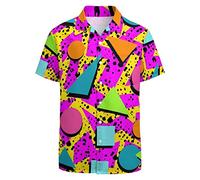 LARSD Camicia da uomo anni '80 - anni '90 button up vintage retrò hawaiana spiaggia neon discoteca divertente festa camicia, Rosa Geometrico anni '80, 4XL