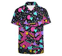 LARSD Camicie anni '80 da uomo anni '90 Button Up camicia vintage retrò hawaiana spiaggia camicia neon discoteca divertente camicia da festa, 80s 90s Nero Rosa, XL