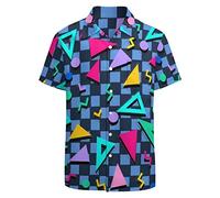 LARSD Camicie anni '80 per uomo 90 Button Up Camicia Vintage Retro Hawaiian Beach Shirt Divertente Neon Disco Party Shirt, 80s Geometrico Blu, L