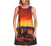 Las Vegas - Abito estivo da donna, con stampa al tramonto, casual, senza maniche, motivo floreale, con tasca, Nero, XXL