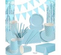 LASE C9 Set 127 PCS di Stoviglie Monouso 30 Persone. Addobbi Compleanno per Festa. Baby Shower Bambini. Kit Decorazioni Include Ghirlanda, Tovaglioli, Tazze, Piatti Eco-Friendly (Blu con Tovaglia)