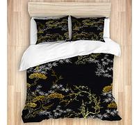 LASINSU Set Biancheria da Letto,Modello Giapponese Cinese Oro Nero Tradizionale Arte Stampa Artistica,1 Copripiumino 240x260cm+2 federe 50x80cm