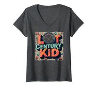 Last Century Kid 1900s Retro Nostalgia Orologio Stelle Vintage Maglietta con Collo a V, Donna, Grigio Scuro, XXL