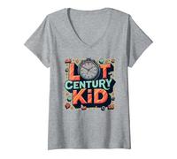 Last Century Kid 1900s Retro Nostalgia Orologio Stelle Vintage Maglietta con Collo a V, Donna, Grigio Melange, M