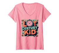 Last Century Kid 1900s Retro Nostalgia Orologio Stelle Vintage Maglietta con Collo a V, Donna, Rosa, XL