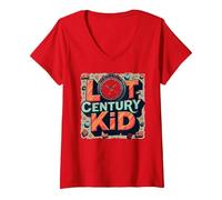 Last Century Kid 1900s Retro Nostalgia Orologio Stelle Vintage Maglietta con Collo a V, Donna, Rosso, XL
