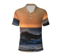 Last Sun Rays of Over The Sea Waves Polo da uomo in cotone a maniche corte casual estive camicie classiche con colletto, Nero , M