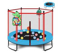 LASTJUMPER Trampolino blu per bambini, 1,5 m, mini trampolino per interni ed esterni, con anello da basket, bersaglio e palla oceanica, tappeto elastico giocattolo per bambini, regalo di compleanno