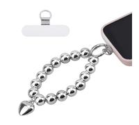 lasuroa Cinturino da Polso per Telefono con Perline, Perline Argentate alla Moda Ciondolo a Forma di Cuore Braccialetto a Catena per Telefono Cellulare Cordino Anti-Caduta con Linguetta di Ancoraggio