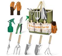LASZOLA Set di 9 attrezzi da giardino con borsa tote e pala a mano, paletta da giardinaggio, in acciaio inox, resistente, per piante da esterno, organizer portatile da borsa, ideale per donne e mamme