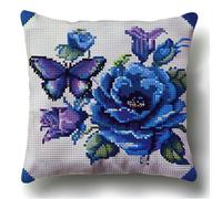 Latch Hook Cuscini Piccoli, Set Di Fodere Per Cuscini,Farfalla Viola E Fiore Rosa Blu Fai Da Te Creativo, Kit Per Fabbricare Tappeti A Punto Croce,Gancio Di Chiusura Kit Motivo Colore 43X43C