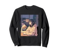 Late Night Thoughts Ragazza Anime Lo Fi con Cuffie Interno Felpa