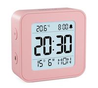 LATEC Sveglia da Comodino, Sveglia Digitale da Viaggio con Temperatura, Alimentato a Batteria, Retroilluminazione, Funzione Snooze, Calendario, 12/24H, Rosa(Batterie Incluse)