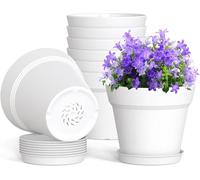 LATERN 10 Pezzi Vasi da Fiori in Plastica, 15CM Vaso per Piante Più Spesse Vaso da Vivaio con Controllo delle Radici con Foro di Drenaggio e Sottovaso per Piante Fiori Erbe Grasse Cactus (Bianco)