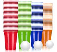 LATERN 100 Pezzi Bicchieri di Plastica Riutilizzabili, 360ml Tazze da Birra-Pong con 25 Coppe Rosse, 25 Coppa Blu, 25 Coppa Verde, 25 Coppa Arancione, 10 Giochi Palline da Ping Pong per Gioco Festa