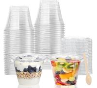 LATERN 50 Pezzi Bicchieri da Dessert in Plastica con Coperchi, 270ml Rotonde Tazze da Dessert Coppa Trasparente per Antipasti Parfait Ciotola da Portata Riutilizzabile con Cucchiai di Legno per Feste