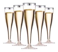 LATERN 50 Pezzi Flute da Champagne con Bordo in Argento, 150ml Bicchieri da Champagne in Plastica Bicchieri da Vino con Gambo Riutilizzabili per Anniversario Matrimonio Giardino Feste (5 x 17cm)