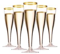 LATERN 50 Pezzi Flute da Champagne con Bordo in Oro, 150ml Bicchieri da Champagne in Plastica Bicchieri da Vino con Gambo Riutilizzabili per Anniversario Matrimonio Giardino Feste (5 x 17cm)