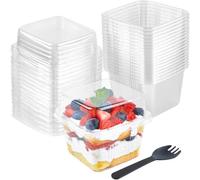 LATERN 50 Pezzi Tazze da Dessert in Plastica con Coperchi, 240ml /8oz Coppe da Dessert Quadrate Scatole di Antipasto Semifreddo Trasparente Ciotola da Portata Riutilizzabile con Forchette per Festa