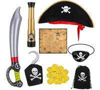 LATERN 8 Pezzi Capitano Pirata Costume Accessori, Pirata Cappello Teschio Ossa Incrociate Benda Sull'occhio Spada Mappa del Tesoro Telescopio Gonfiabile Moneta D'oro per Bambini Pirata Festa Cosplay