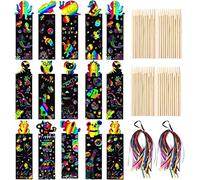 LATERN 96 Pezzi Segnalibri Scratch Art, 12 Stile Segnalibri Magic Scratch Rainbow Carta da Graffio per Animali per Bambini Scuola Classroom Tag Party Filler - con 96Pz Legno Stilo, 96Pz Raso Nastri