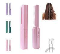 Latest Hairdressing Comb, Ceramic Hair Dressing Comb, 3 Temp Settings, Rechargeable Mini Dual Purpose Curling Iron, Cordless 2-in-1 Touch-Up Combs for Less Frizz, Shines & Smooth (Pink)