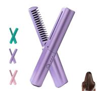 Latest Hairdressing Comb, Portable Ceramic Hair Dressing Comb with 3 Temp Settings, Rechargeable Mini Hair Straightener, 2-In-1 Portable Curling (Purple)