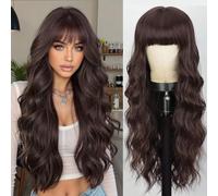 Lativ Parrucca marrone con frangia, lunga ondulata, marrone, rosso-marrone, sintetico, resistente al calore, riccia, per donne, tutti i giorni, feste, 66 cm