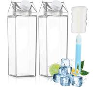 LATRAT 2 contenitori trasparenti per il latte e l'acqua riutilizzabili, con spazzola per tazze, per la conservazione di bevande, picnic, campeggio, latte, succo d'arancia, birra nel frigorifero, 1 l