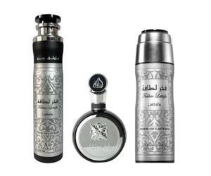 LATTAFA FAKHAR SILVER POUR HOMME GIFT SET 3 PCS ROOM SPRAY 300ML+ DEODORANT SPRA