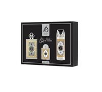 Lattafa King of Arabia - Set regalo, profumo arabo da uomo, durevole, include profumo EDP 100 ml + mini profumo 20 ml + deodorante 200 ml + atomizzatore fragranza legnosa dolce (King of Arabia Gift