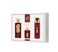 Lattafa Pride Ansaam Gold Gift Set 3 pezzi (EDP 100 ml + 200 ml spray profumato per il corpo + 20 ml di eau de parfum da viaggio + flacone ricaricabile) - Profumo da donna a lunga durata - pera