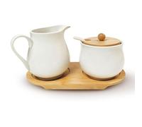 Latte E Zucchero Set Con Coperchio E Cucchiaio, Brocca Lattiera Bianco Ceramica E Zucchero Latte In Ceramica Con Vassoio In Legno Brocca per Panna In Ceramica Contenitore per Latte Microonde E